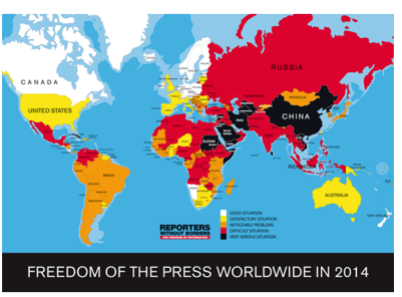 Anexo 4: En esta imagen se observa el mapa mundial de la libertad de prensa, siendo Rusia uno de los más peligrosos (2014). Obtenida de: http://seniales.blogspot.mx/2014/02/reporteros-sin-fronteras-uruguay-es-uno.html
